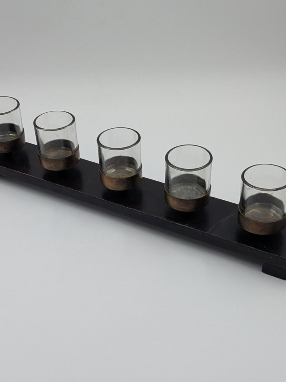 Modern Farmhouse 5 Votive Candles Holder | Wood, Glass, Brass